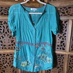 Teal Button-Up Blouse with Floral Embroidery